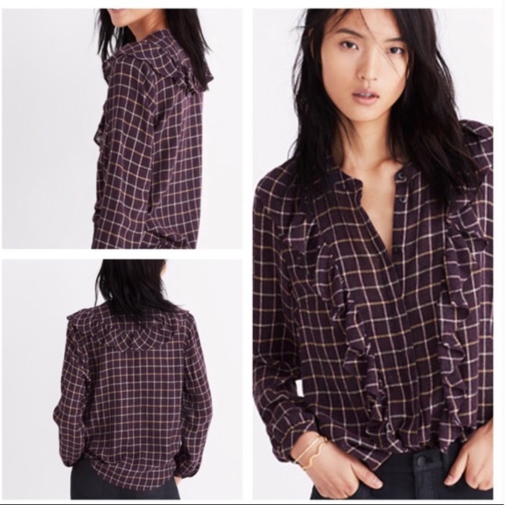 Madewell Plaid Ruffle Front Top XXS